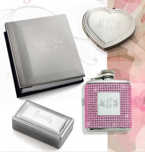 Flask with Pink Crystals and monogrammed, Engraved heart compact, Engraveable Album Cover