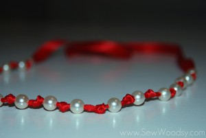Ribbon Pearl Necklace with Red Ribbon