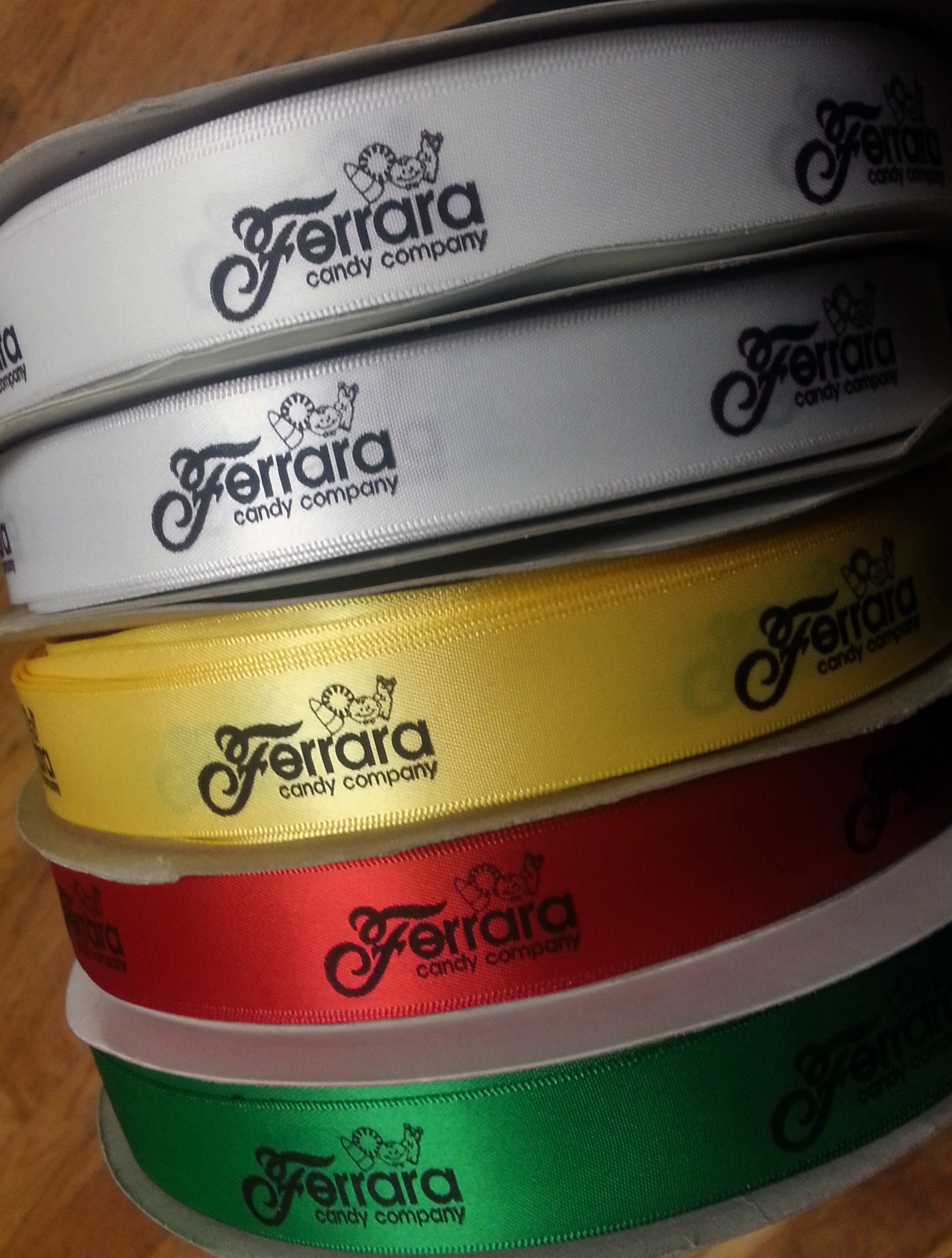 Ferrara Candy company, ferrara candy, custom logo ribbon, logo ribbon, personalized printed ribbon, printed logo ribbon, custom ribbon, company ribbon, corporate ribbon, christmas ribbon, gift ribbon