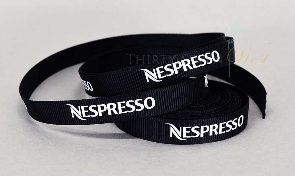 Nespresso Custom Logo Grosgrain Ribbon, Custom Logo Ribbon, Matte ribbon with logo, Company ribbon with logo, custom ribbon with company logo, corporate gift wrap, corporate ribbon with company logo, custom ribbons, custom ribbon, ribbon with logo, Pantone matched print, white print