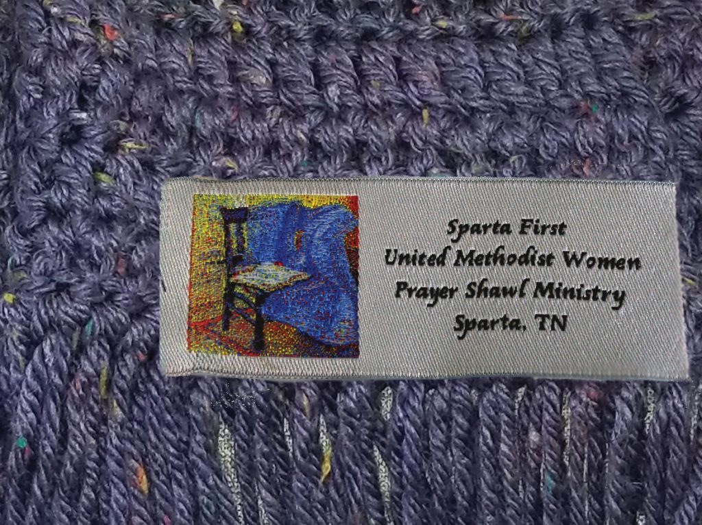 Sparta First United Methodist Church, Prayer Shawl Ministries, Prayer Shawl Ministry, Prayer Shawl Labels, Custom Prayer Shawl Labels, Custom Woven Labels, custom embroidered label, Custom Labels, Woven Labels, Labels with Artwork, Custom Woven Label Design, Quality Woven Labels, Ministry Labels, Labels for Knitting, Labels for Blankets, Labels for Prayer Shawls, Labels for Quilts