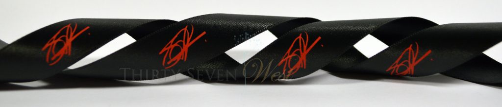 Custom Ribbon with Pantone Matched logo, Matte Red print on black satin ribbon, Corporate Logo Ribbon, Business Logo