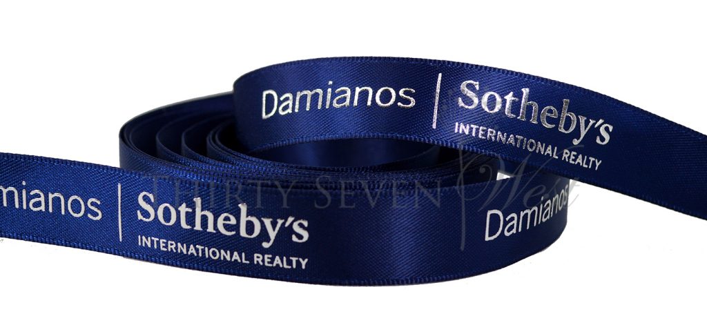 Sotheby's - Raised Metallic Print, Custom Logo Ribbon, Company Logo Ribbon, Ribbon with Company Logo, Custom Printed Logo Ribbon, Custom ribbon, personalized printed ribbon, printed ribbon, logo ribbon, satin ribbon, corporate ribbon, custom logo ribbon, custom ribbon wholesale, Custom logo ribbon wholesale