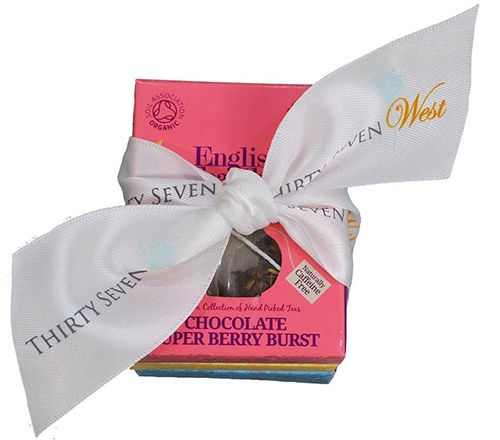 Thirty Seven West ribbon on Tea Boxes, custom logo ribbon, custom branding ribbon, satin, ribbon, pantone matching ribbon, customized ribbon