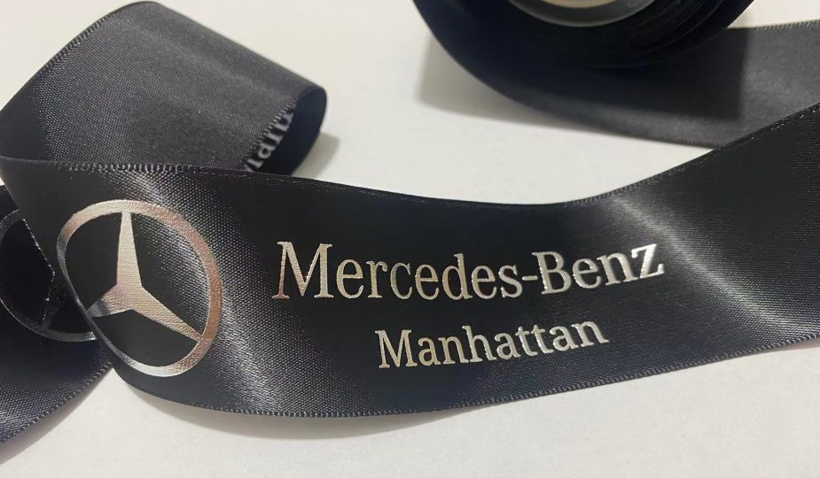 Custom logo Ribbon, Custom Branding ribbon, Raised print on ribbon, Raised foil print, Mercedes Benz logo ribbon, custom satin ribbon