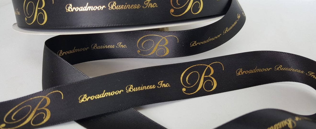 Custom logo ribbon, satin logo ribbon, metalli gold print on black satin ribbon, company branding ribbon, corporate logo ribbon,