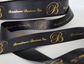 Custom logo ribbon, satin logo ribbon, metalli gold print on black satin ribbon, company branding ribbon, corporate logo ribbon,