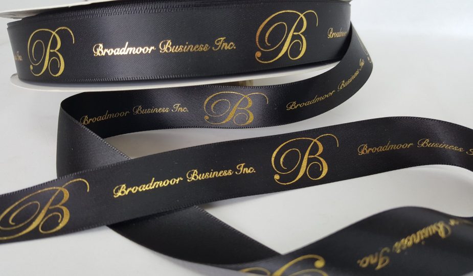 Custom logo ribbon, satin logo ribbon, metalli gold print on black satin ribbon, company branding ribbon, corporate logo ribbon,