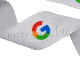 custom logo ribbon, matte textured ribbon, pantone matching printed ribbon, company branding ribbon, corporate logo ribbon