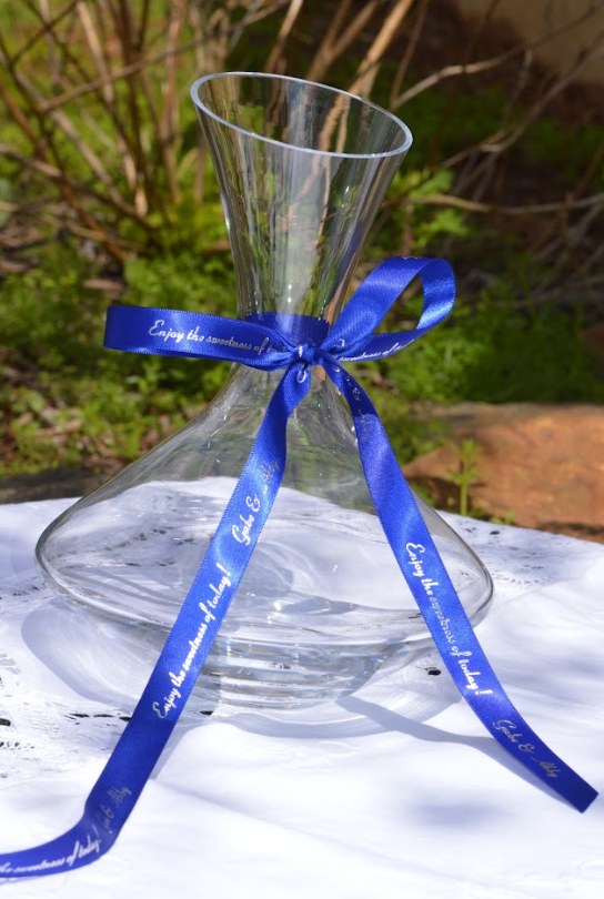 custom logo ribbon, logo ribbon on vase, logo ribbon centerpiece, custom event ribbon, custom printed logo ribbon , ribbon for event decor