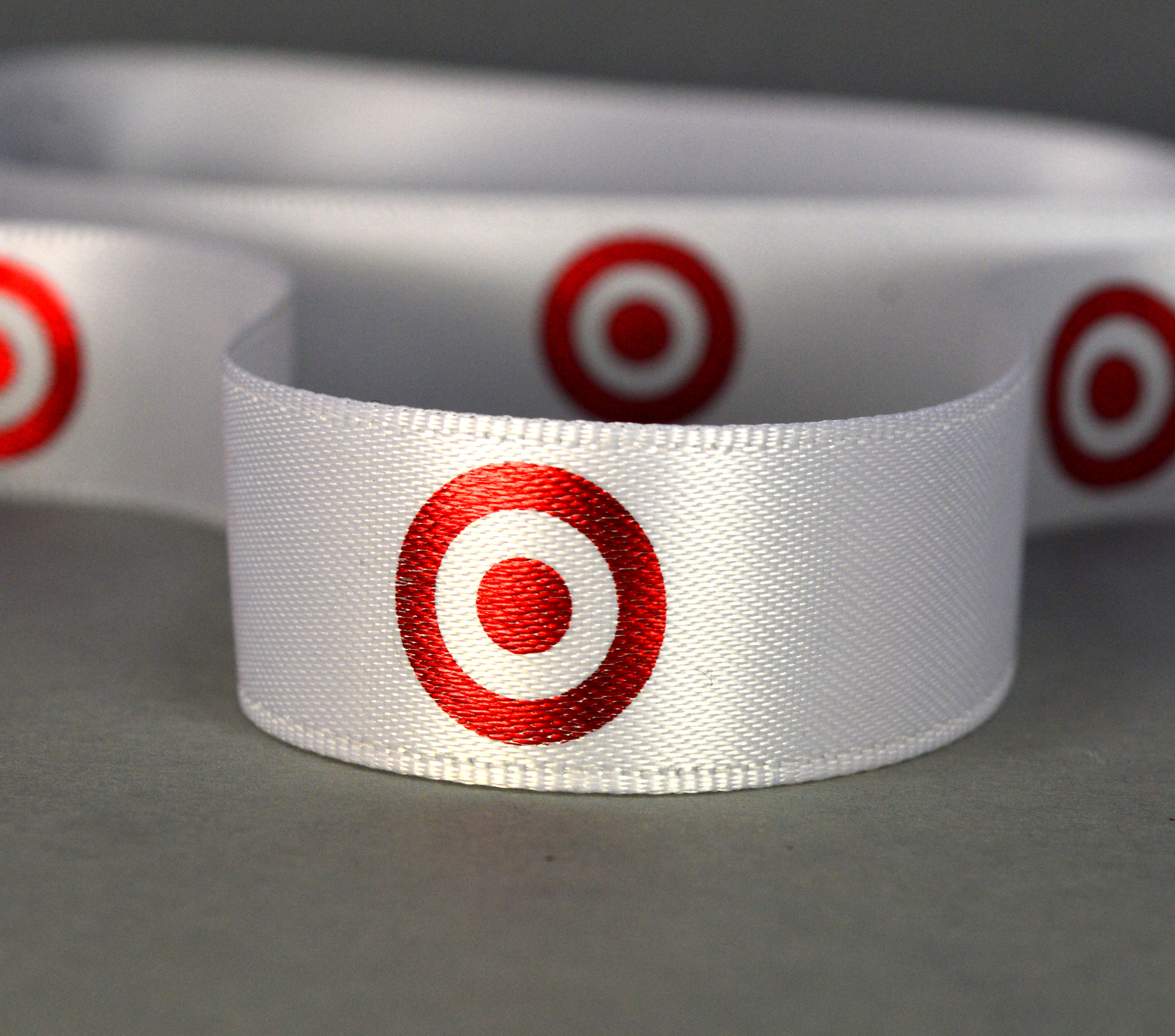 Custom Metallic Red Logo Printed on Tier 1 Ultra-sheen enamel-like 7_8 White Ribbon for Target