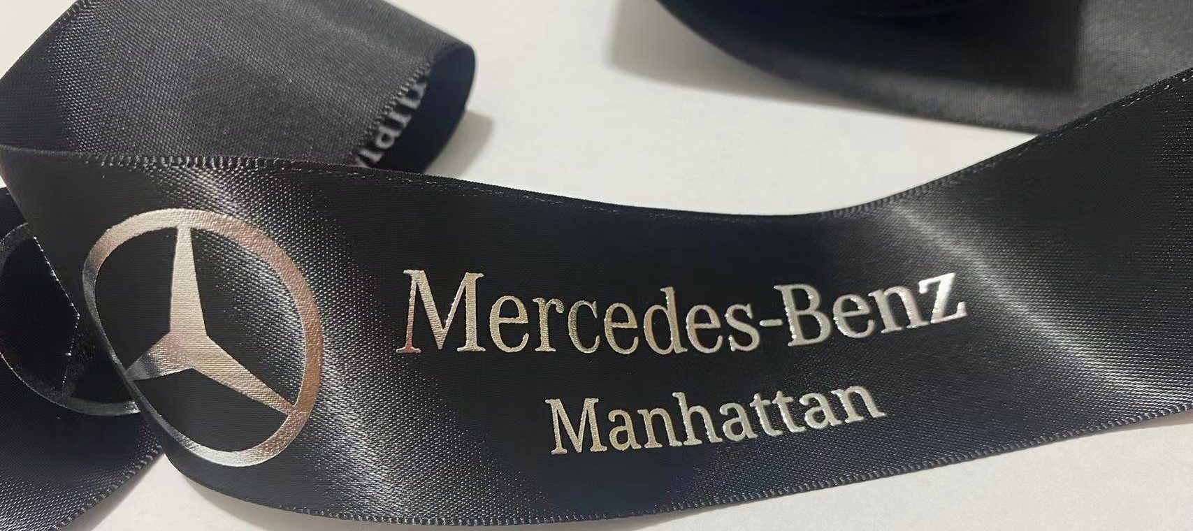 Custom logo Ribbon, Custom Branding ribbon, Raised print on ribbon, Raised foil print, Mercedes Benz logo ribbon, custom satin ribbon