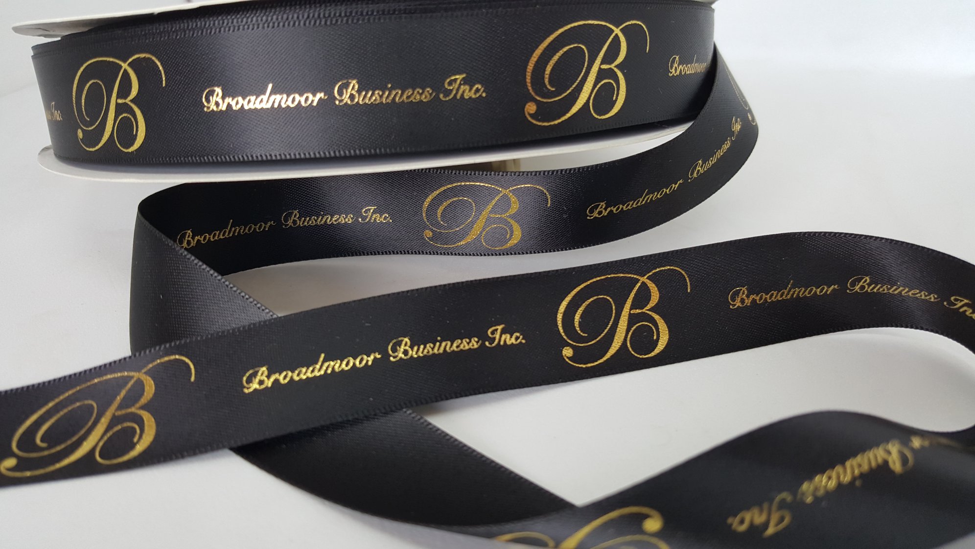 Custom logo ribbon, satin logo ribbon, metalli gold print on black satin ribbon, company branding ribbon, corporate logo ribbon,