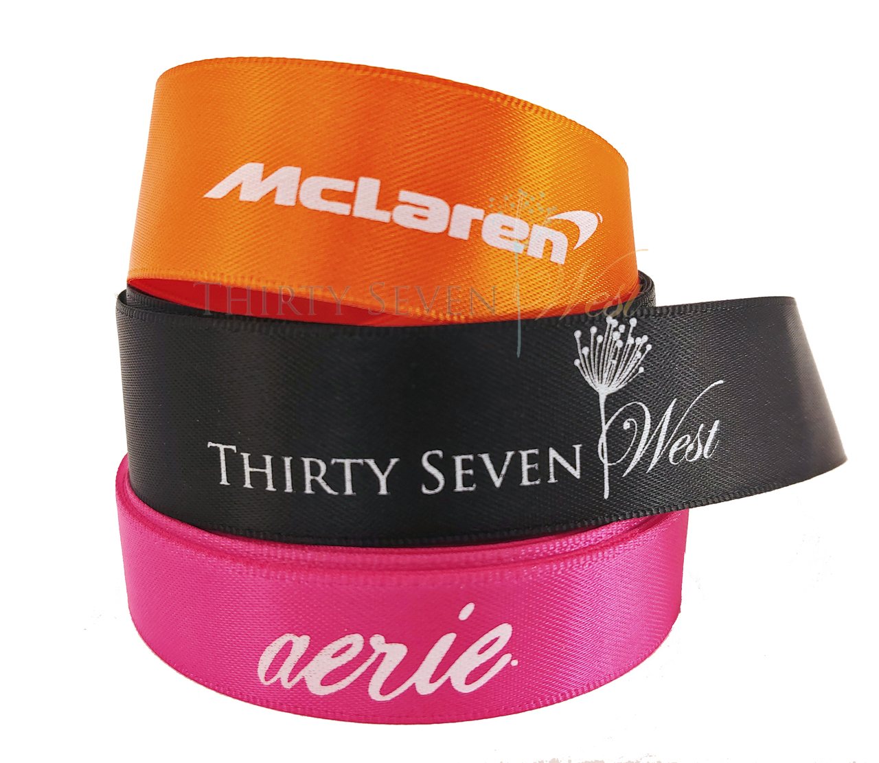 custom logo ribbon, custom satin ribbon, white print on satin ribbon, Pantone matched logo ribbon, company branding ribbon