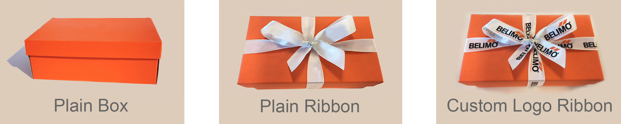 Belimo Box - Plain Box, Plain Ribbon, Custom Logo Ribbon, brand recognition ribbon, brand identity ribbon, brand logo on ribbon, custom logo ribbons, high quality ribbons