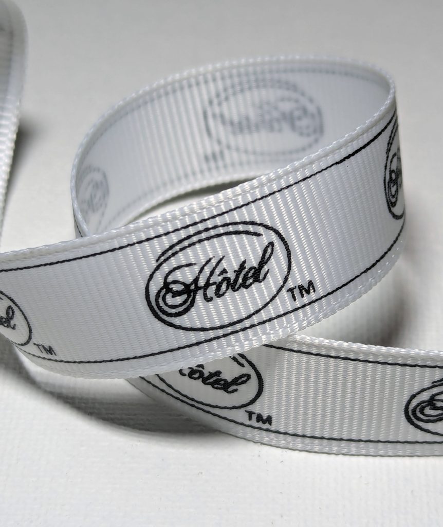 custom grosgrain ribbon, custom logo grosgrain ribbon, grosgrain ribbon with logo, custom logo ribbon, logo on grosgrain ribbon