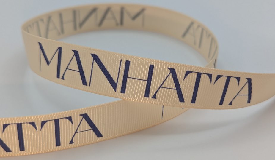 custom print grosgrain logo ribbon, logo printed ribbon, logo printed grosgrain ribbon, logo on ribbon, Pantone matching ribbon