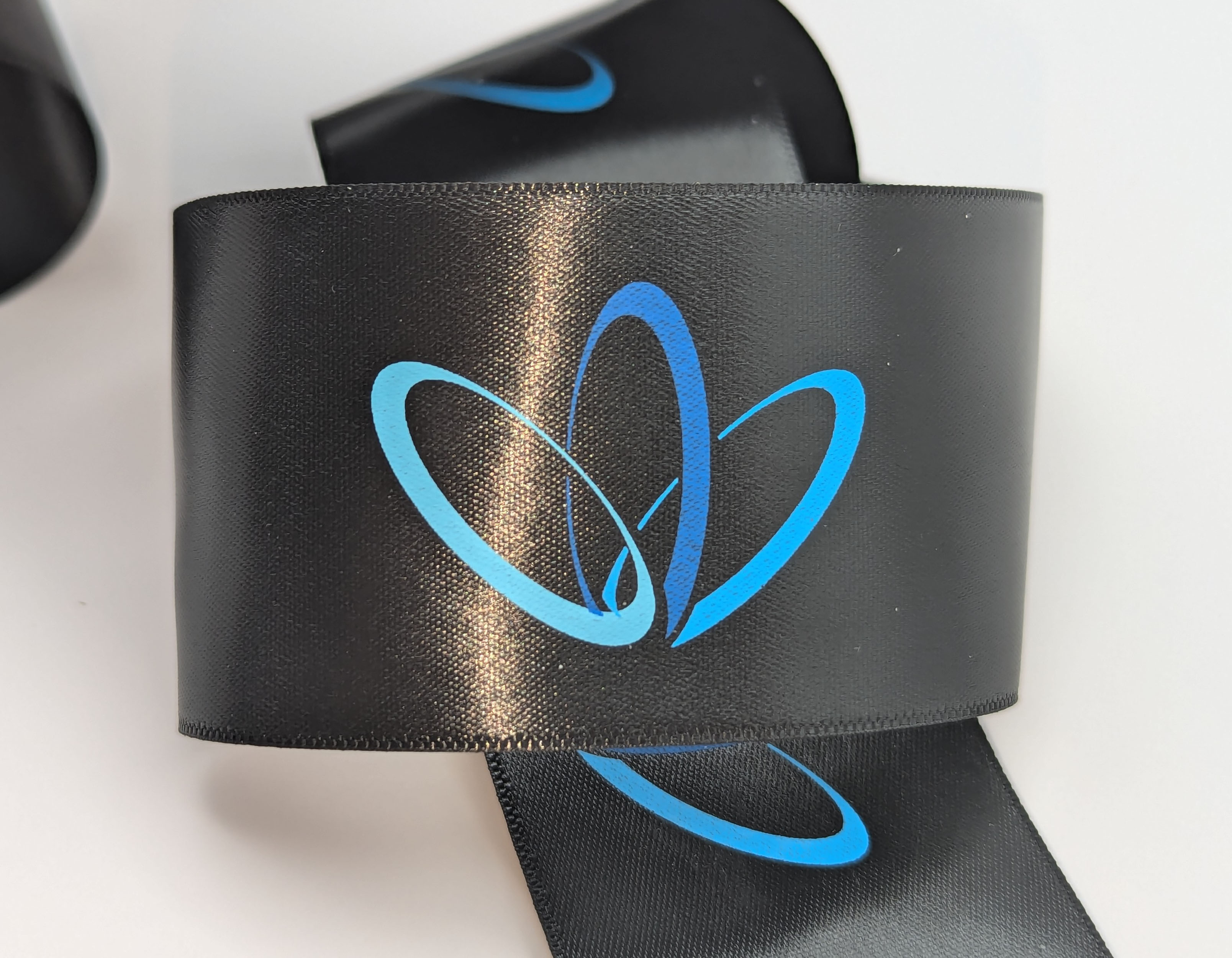 custom satin ribbon, full color imprint satin ribbon, fulll color printed ribbon, logo branded ribbon, logo custom ribbon, logo on ribbon