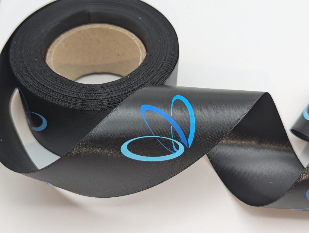 customized branded full color ribbon, custom multi color ribbon, custom imprinted ribbon, full color printed ribbon, full color imprint satin ribbon