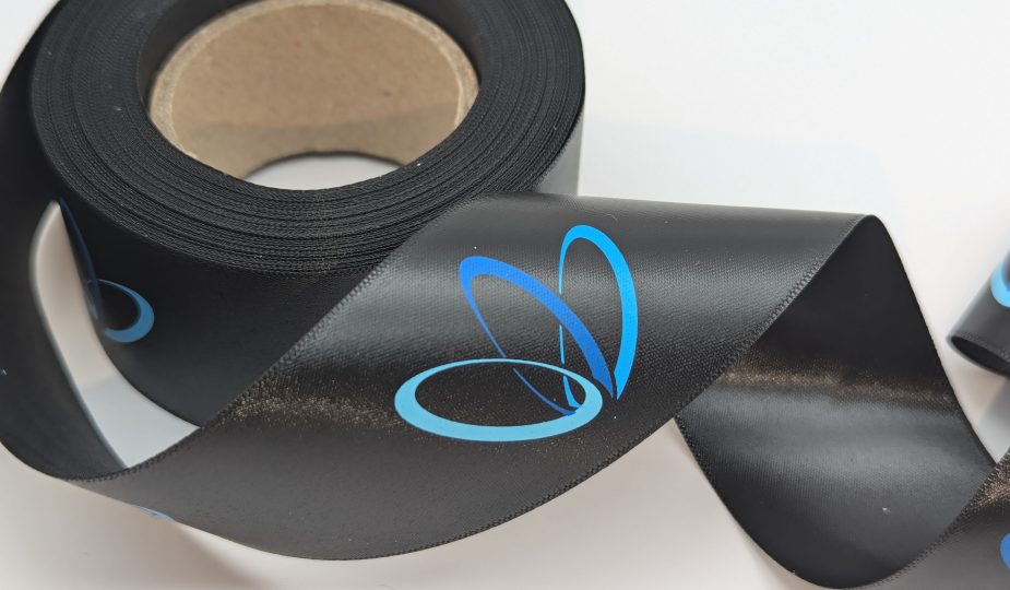 customized branded full color ribbon, custom multi color ribbon, custom imprinted ribbon, full color printed ribbon, full color imprint satin ribbon