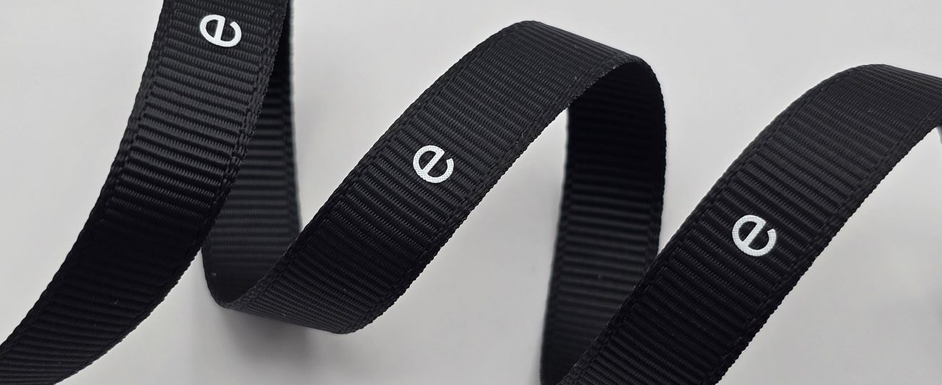 custom initial ribbon, custom logo ribbon, custom grosgrain ribbon, full coverage white print, custom branded ribbon