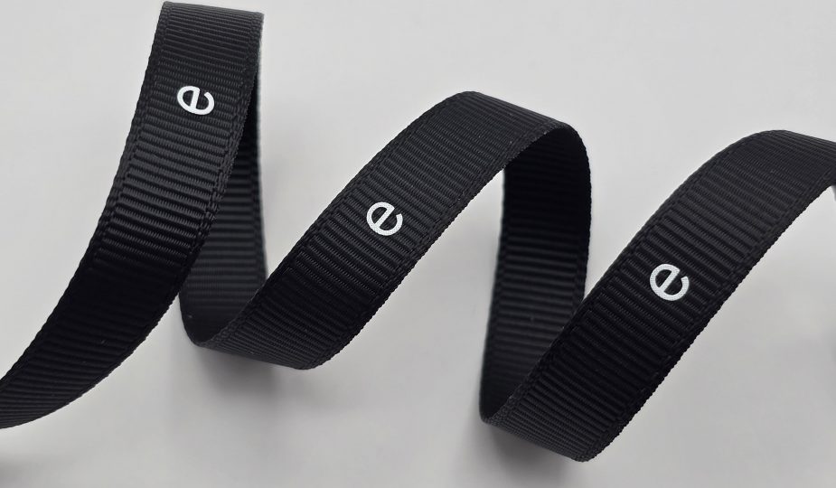 custom initial ribbon, custom logo ribbon, custom grosgrain ribbon, full coverage white print, custom branded ribbon