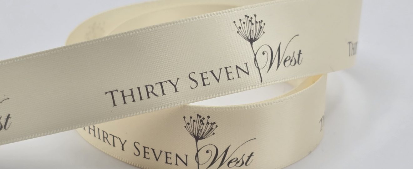 custom logo ribbon, natural color ribbon, satin logo ribbon, custom branding ribbon