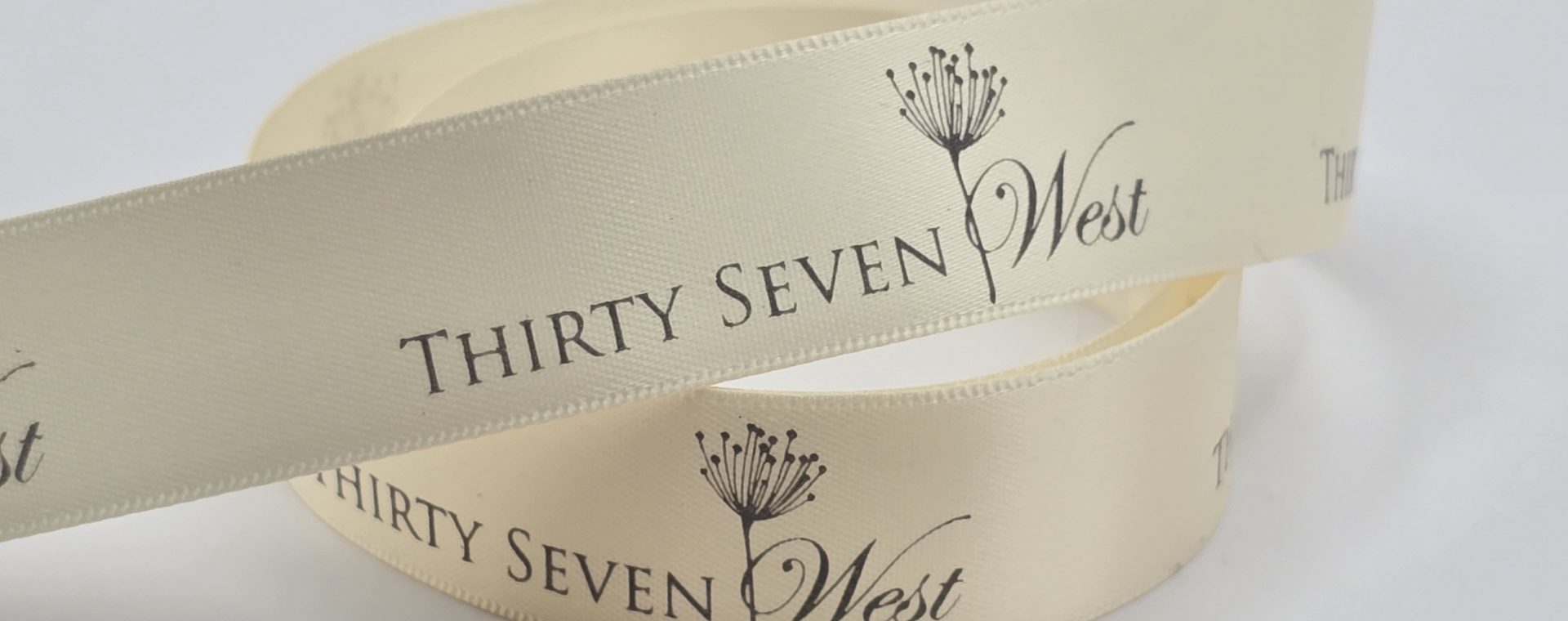 custom logo ribbon, natural color ribbon, satin logo ribbon, custom branding ribbon