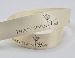 custom logo ribbon, natural color ribbon, satin logo ribbon, custom branding ribbon