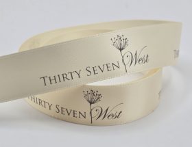 custom logo ribbon, natural color ribbon, satin logo ribbon, custom branding ribbon