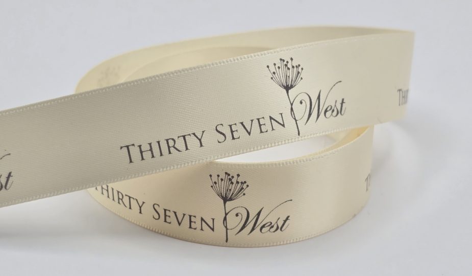 custom logo ribbon, natural color ribbon, satin logo ribbon, custom branding ribbon