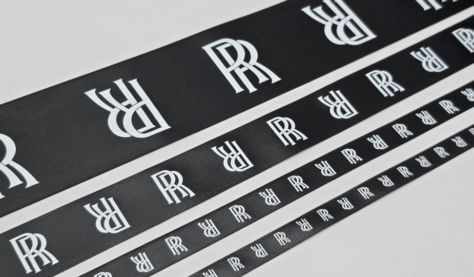 custom satin logo ribbon, custom logo ribbon, custom ribbon printing, luxury satin ribbon, luxury logo ribbon