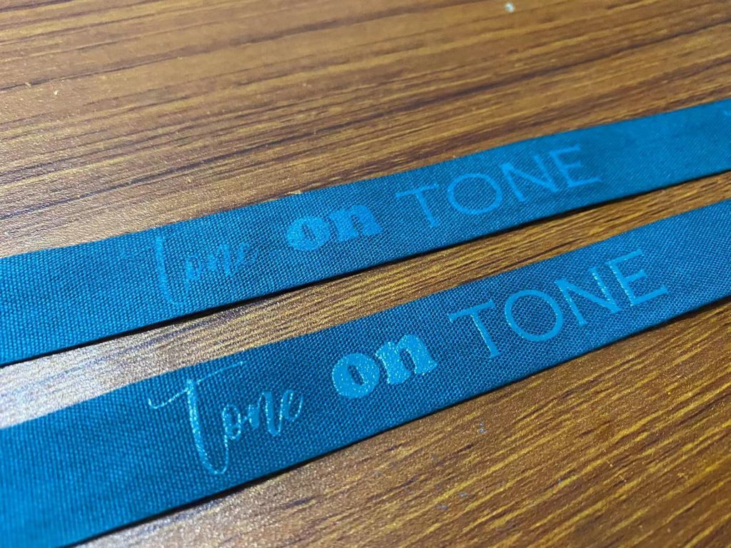 Tone on Tone - Flat print vs Raised Print, custom logo ribbon, custom printed cotton ribbon, Pantone matching cotton ribbon