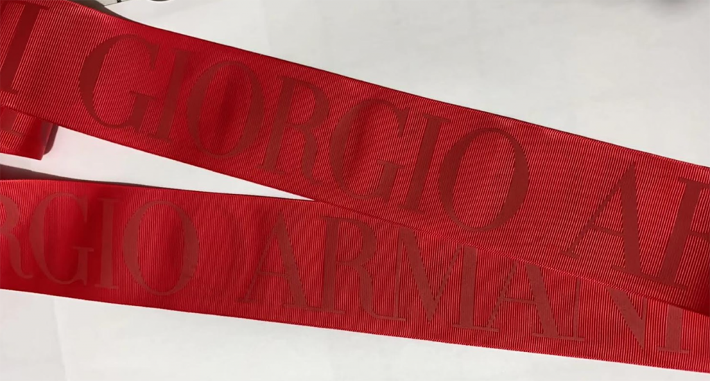 Tone on Tone custom logo ribbon, red grosgrain custom logo ribbon, custom logo ribbon, custom printed ribbon, Pantone matching ribbon