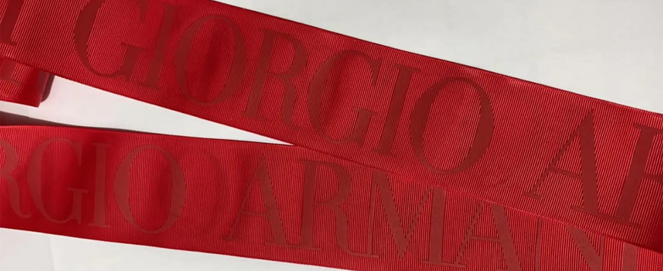 Tone on Tone custom logo ribbon, red grosgrain custom logo ribbon, custom logo ribbon, custom printed ribbon, Pantone matching ribbon