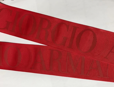 Tone on Tone custom logo ribbon, red grosgrain custom logo ribbon, custom logo ribbon, custom printed ribbon, Pantone matching ribbon