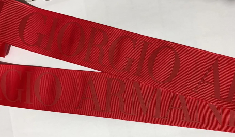 Tone on Tone custom logo ribbon, red grosgrain custom logo ribbon, custom logo ribbon, custom printed ribbon, Pantone matching ribbon