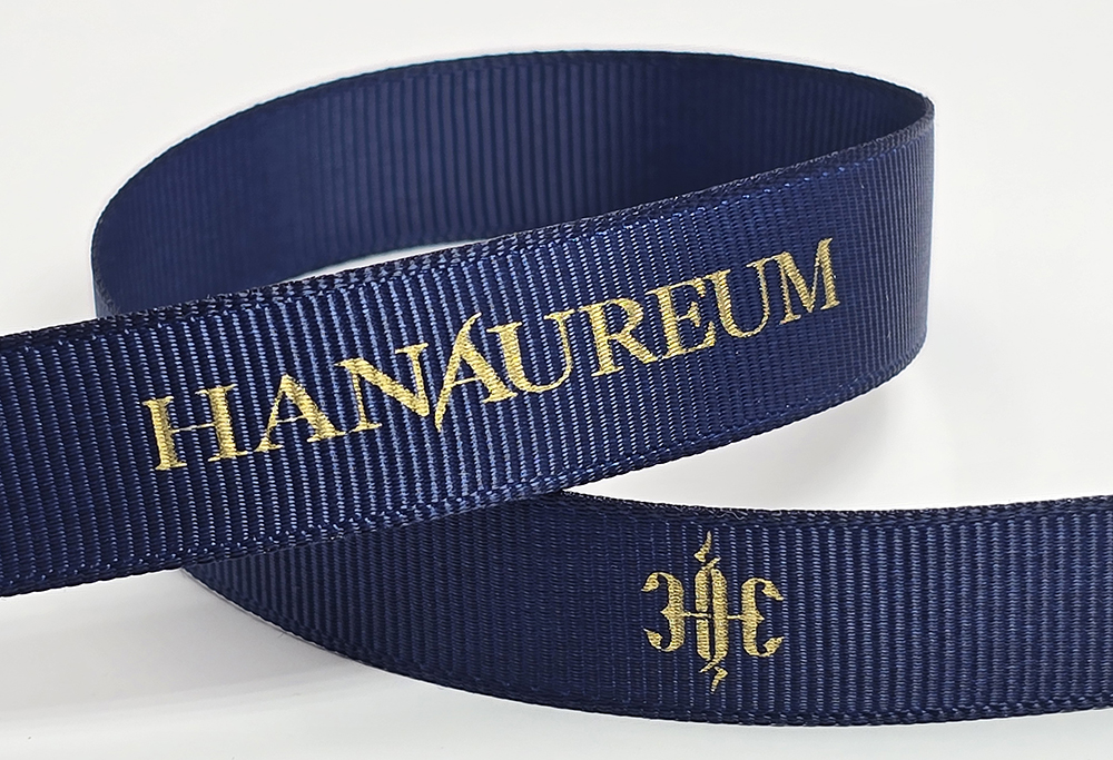 custom branding ribbon, custom logo ribbon, custom grosgrain ribbon, shiny gold print on grosgrain ribbon, Pantone matching grosgrain ribbon