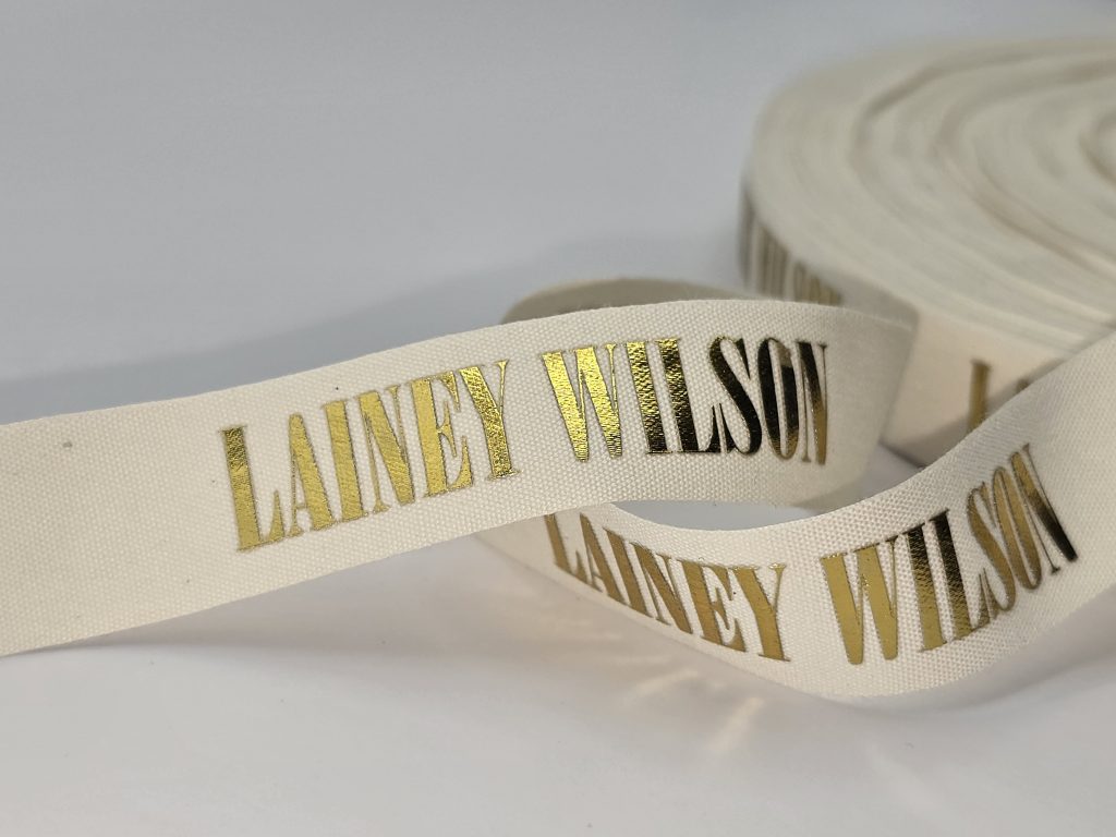 custom cotton ribbon, custom logo cotton ribbon, eco friendly logo ribbon, foil print on cotton ribbon, natural cotton logo ribbon