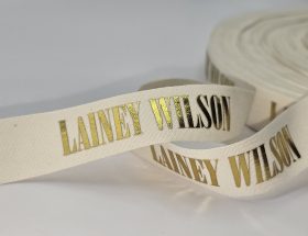custom cotton ribbon, custom logo cotton ribbon, eco friendly logo ribbon, foil print on cotton ribbon, natural cotton logo ribbon
