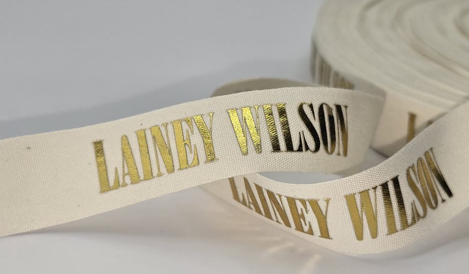 custom cotton ribbon, custom logo cotton ribbon, eco friendly logo ribbon, foil print on cotton ribbon, natural cotton logo ribbon