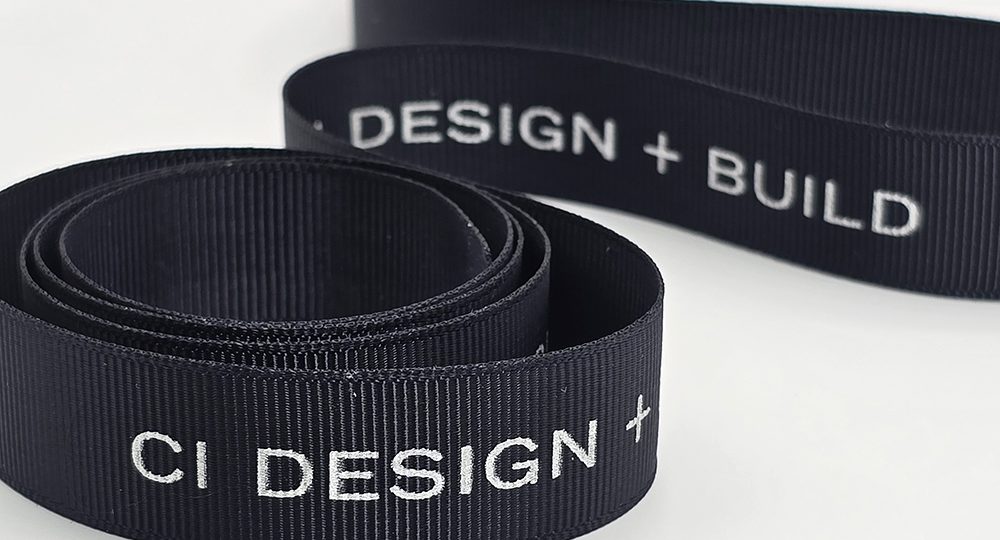 custom grosgrain logo ribbon, custom logo ribbon, Silver print on black grosgrain ribbon, custom branding ribbon, customized logo ribbon