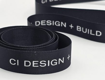 custom grosgrain logo ribbon, custom logo ribbon, Silver print on black grosgrain ribbon, custom branding ribbon, customized logo ribbon