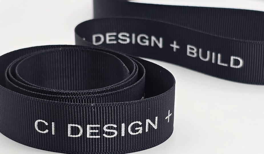custom grosgrain logo ribbon, custom logo ribbon, Silver print on black grosgrain ribbon, custom branding ribbon, customized logo ribbon