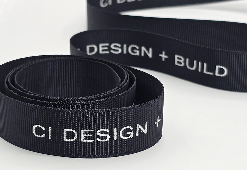 custom grosgrain logo ribbon, custom logo ribbon, Silver print on black grosgrain ribbon, custom branding ribbon, customized logo ribbon