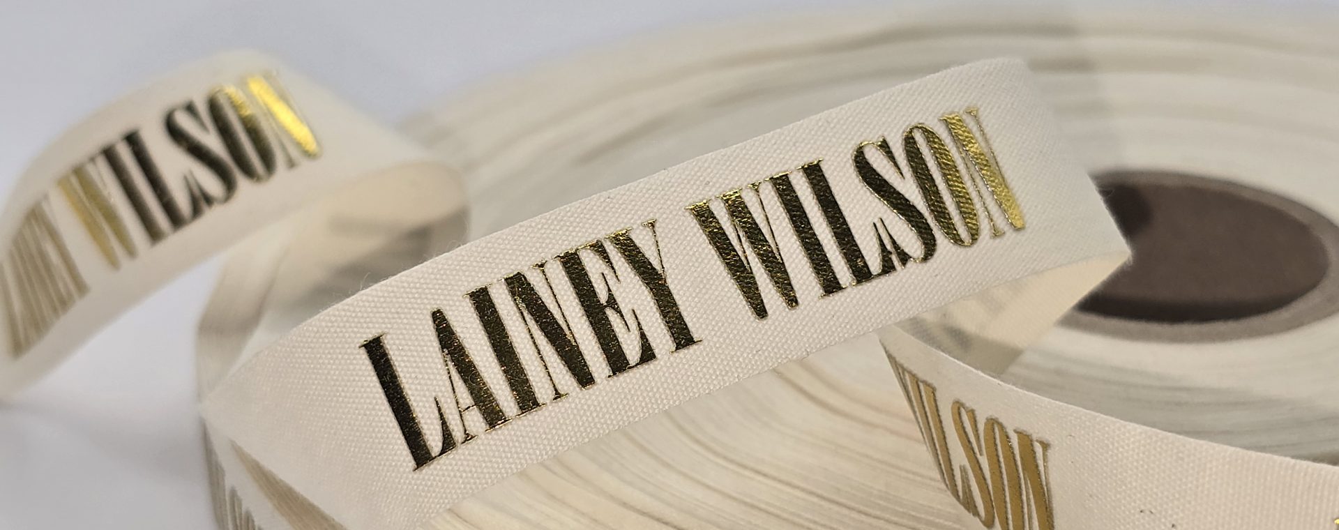 custom logo ribbon, custom logo cotton ribbon, eco friendly logo ribbon, foil print on cotton ribbon, natural cotton logo ribbon