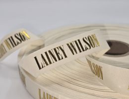 custom logo ribbon, custom logo cotton ribbon, eco friendly logo ribbon, foil print on cotton ribbon, natural cotton logo ribbon