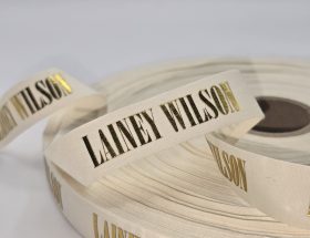 custom logo ribbon, custom logo cotton ribbon, eco friendly logo ribbon, foil print on cotton ribbon, natural cotton logo ribbon