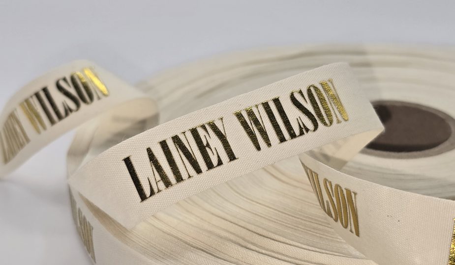 custom logo ribbon, custom logo cotton ribbon, eco friendly logo ribbon, foil print on cotton ribbon, natural cotton logo ribbon