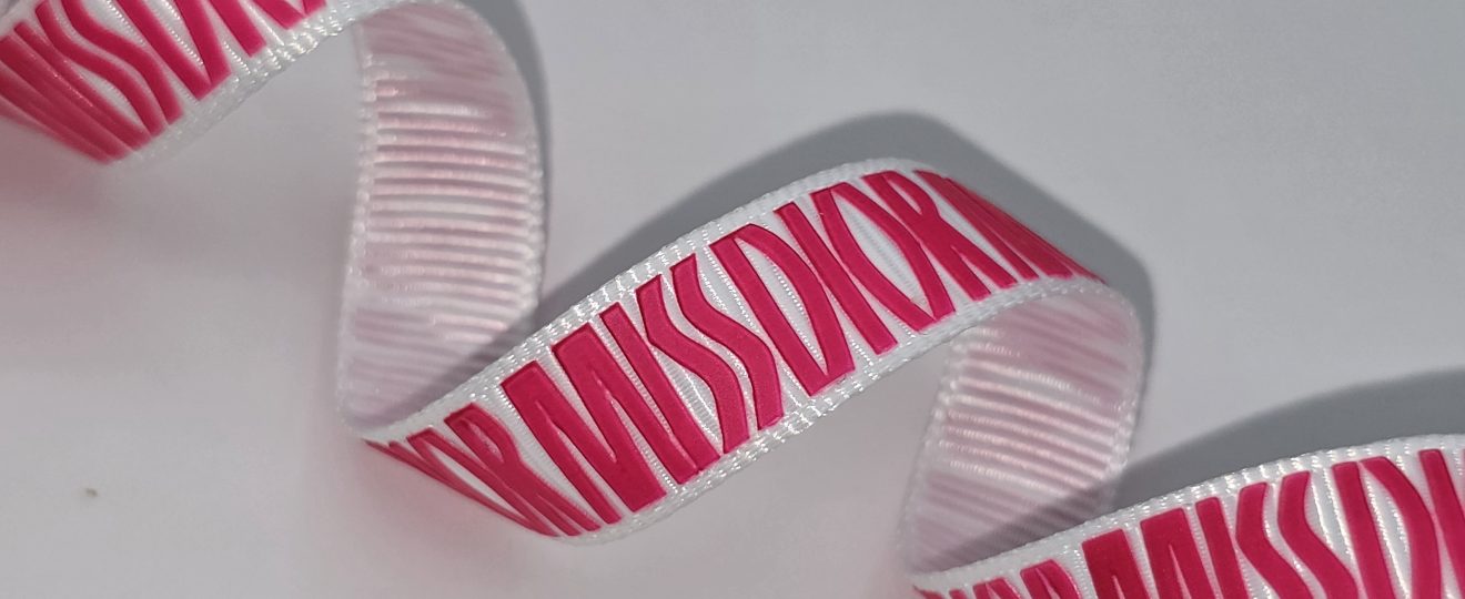 custom logo ribbon, raised print on grosgrain ribbon, Pantone matching print, custom logo grosgrain ribbon, custom branding ribbon, raised print on ribbon